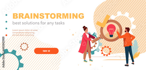Creative thinking, discussion, find ideas or startup collaboration landing page. Business venture, team brainstorming, communication, idea management, partnership, development vector illustration.