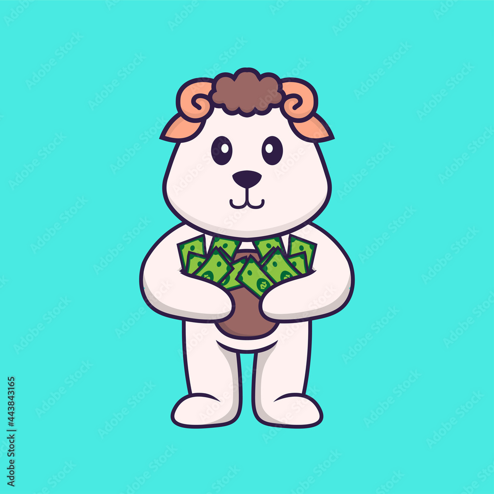 Cute sheep holding money. Animal cartoon concept isolated. Can used for t-shirt, greeting card, invitation card or mascot. Flat Cartoon Style