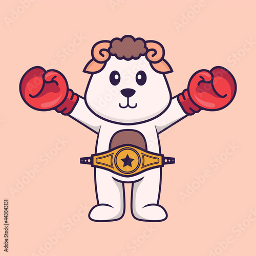 Cute sheep in boxer costume with champion belt. Animal cartoon concept isolated. Can used for t-shirt, greeting card, invitation card or mascot. Flat Cartoon Style