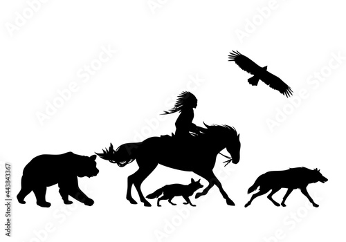 native american shaman riding  horse and wild animals running aside - black and white vector silhouette outline of man, stallion, bear, fox, wolf and eagle bird