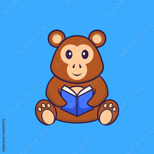 Cute monkey reading a book. Animal cartoon concept isolated. Can used for t-shirt  greeting card  invitation card or mascot. Flat Cartoon Style