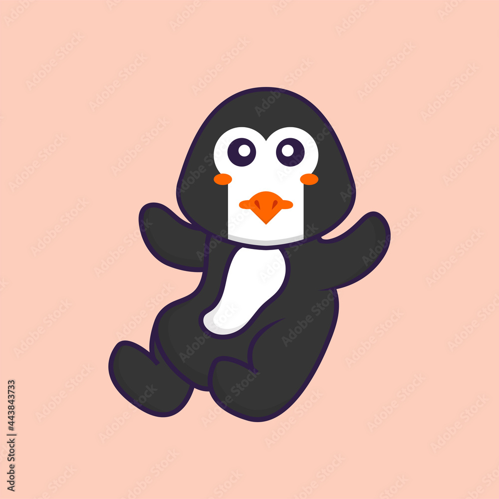 Cute penguin is flying. Animal cartoon concept isolated. Can used for t-shirt, greeting card, invitation card or mascot. Flat Cartoon Style