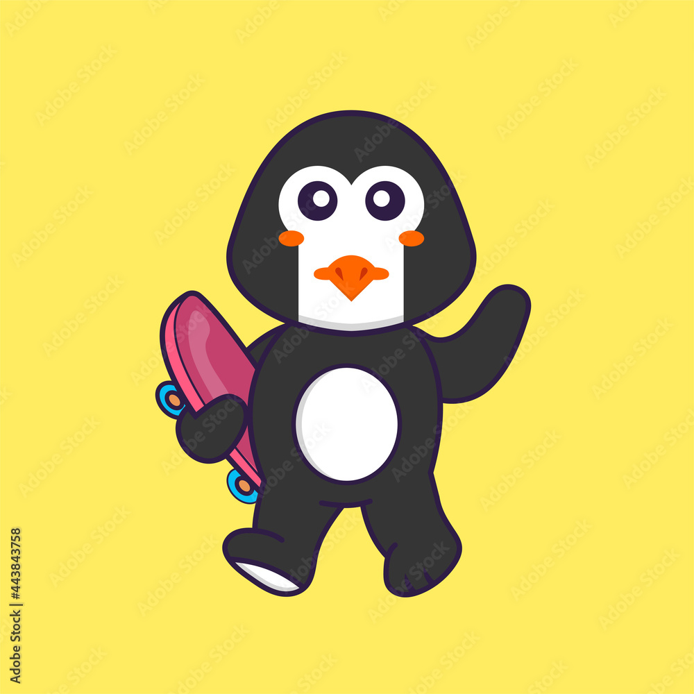 Obraz premium Cute penguin holding a skateboard. Animal cartoon concept isolated. Can used for t-shirt, greeting card, invitation card or mascot. Flat Cartoon Style