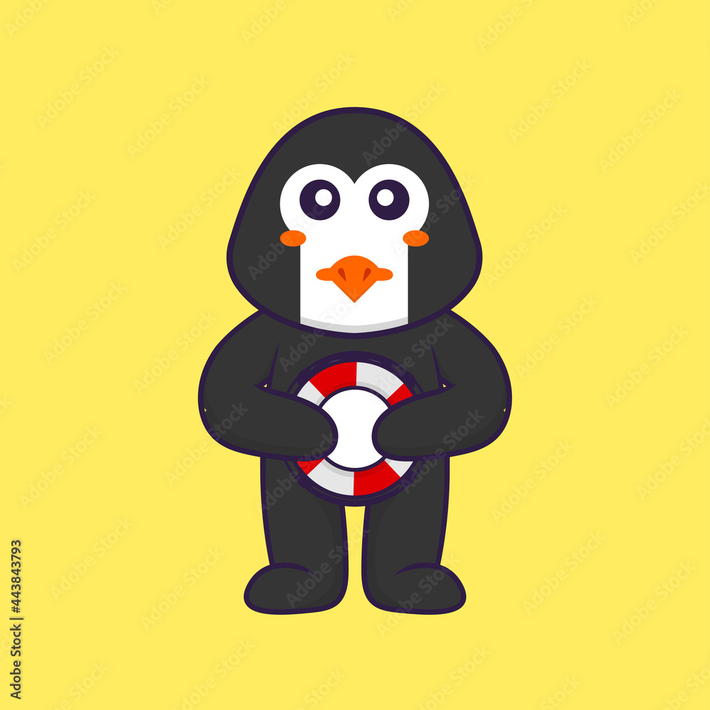 Cute penguin holding a buoy. Animal cartoon concept isolated. Can used for t-shirt, greeting card, invitation card or mascot. Flat Cartoon Style