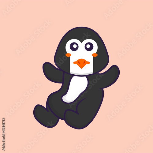 Cute penguin is flying. Animal cartoon concept isolated. Can used for t-shirt, greeting card, invitation card or mascot. Flat Cartoon Style