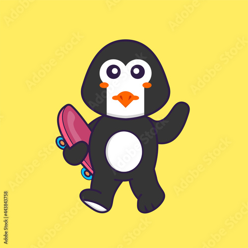 Cute penguin holding a skateboard. Animal cartoon concept isolated. Can used for t-shirt  greeting card  invitation card or mascot. Flat Cartoon Style