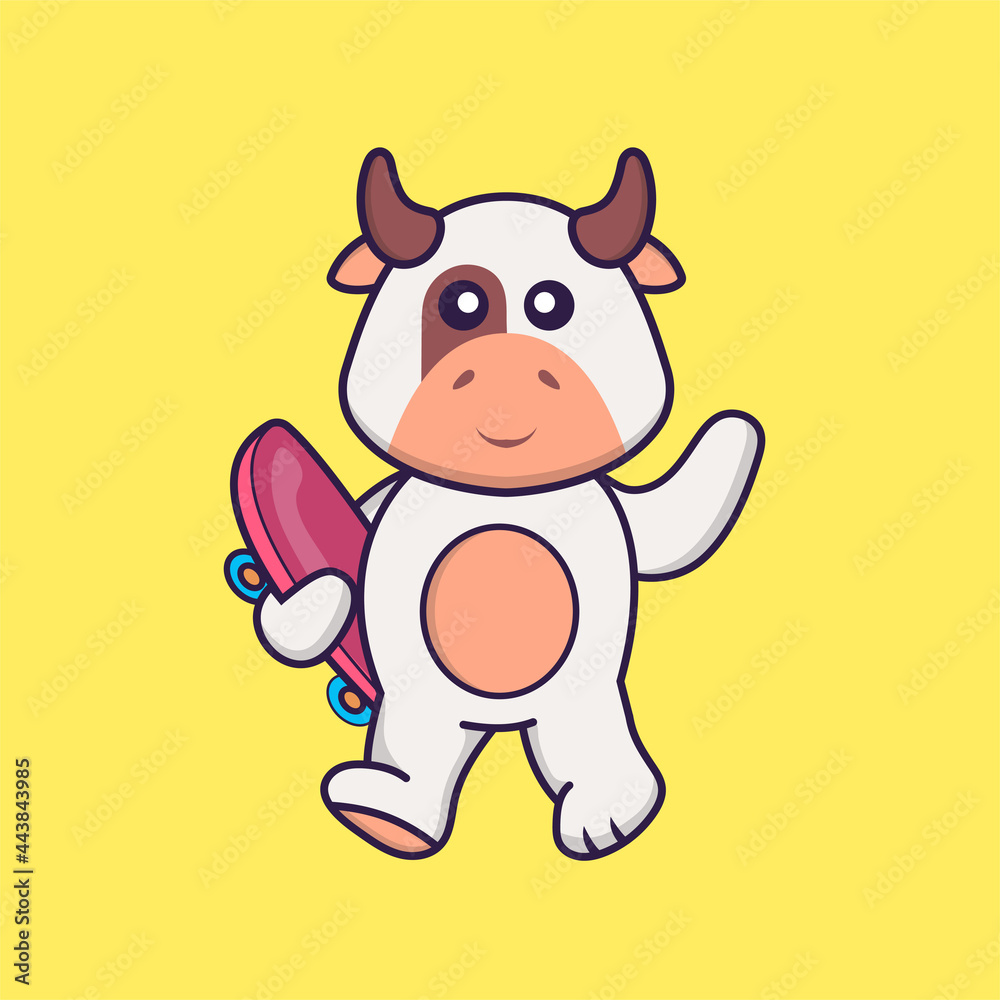 Cute cow holding a skateboard. Animal cartoon concept isolated. Can used for t-shirt, greeting card, invitation card or mascot. Flat Cartoon Style