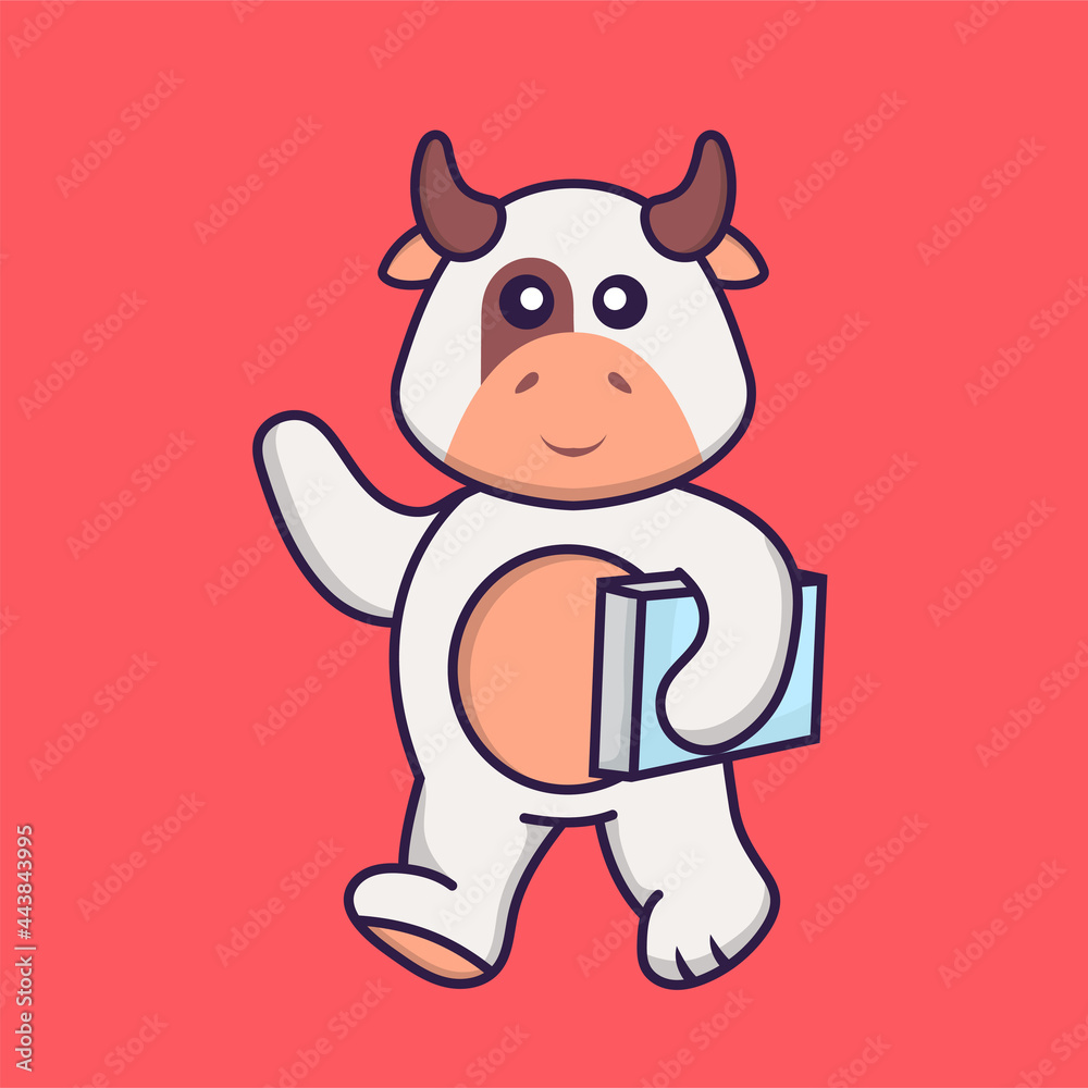 Cute cow holding a book. Animal cartoon concept isolated. Can used for t-shirt, greeting card, invitation card or mascot. Flat Cartoon Style Cute cow holding a book. Animal cartoon concept isolated. Can used for t-shirt, greeting card, invitation card or mascot. Flat Cartoon Style