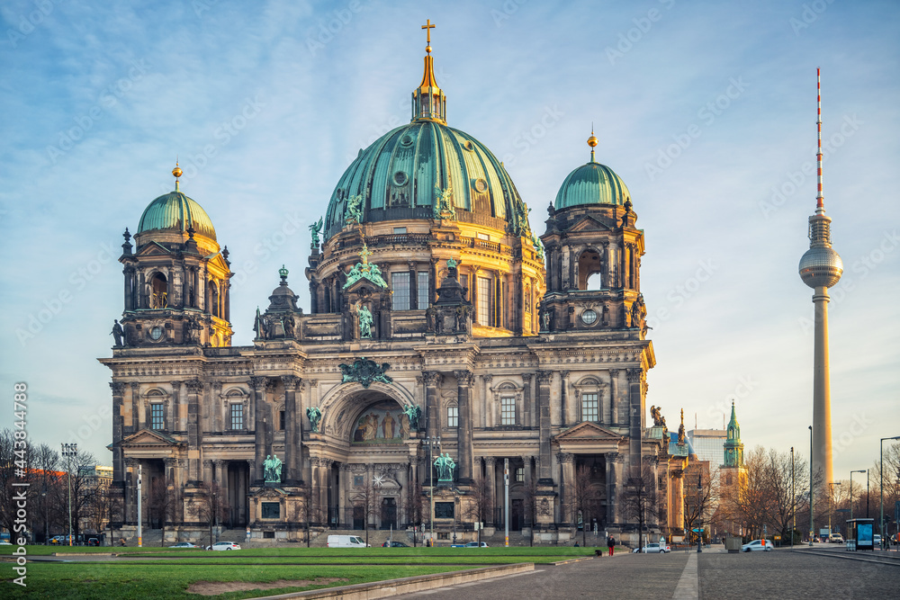 Berlin Cathedral aka Berliner Dom and TV tower at sunset, Berlin, Germany