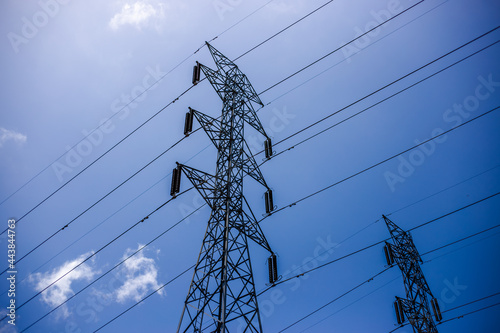 The abstract background blur of the twilight light in the evening, with high-voltage electricity towers passing through to transport electricity to domestic industrial applications. photo