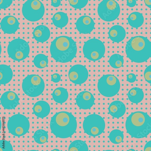 Seamless geometry pattern. Simple background with blue, green and turquoise dots and circles. Beige, light pink background. Designed for textile fabrics, wrapping paper, background, wallpaper, cover.