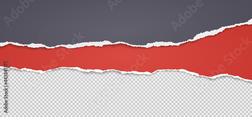 Torn, ripped horizontal squared, red, grey paper strips with soft shadow are on white background for text. Vector illustration