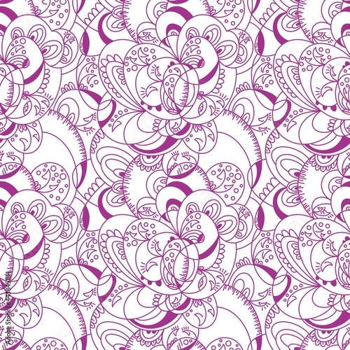 Seamless abstract floral pattern. Pink and purple colors. White background. Designed for textile fabrics, wrapping paper, background, wallpaper cover.