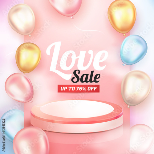 3d realistic glossy balloon and pink podium for love sale banner flyer