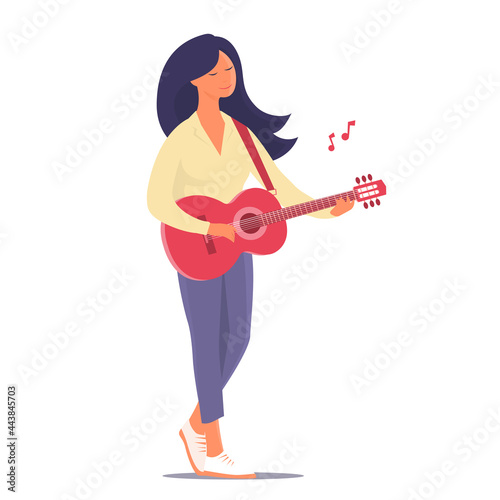 A young woman stands and plays the guitar. Classical musical instrument. Fun mood. Leisure activities, creativity and hobbies. Vector isolated cartoon illustration