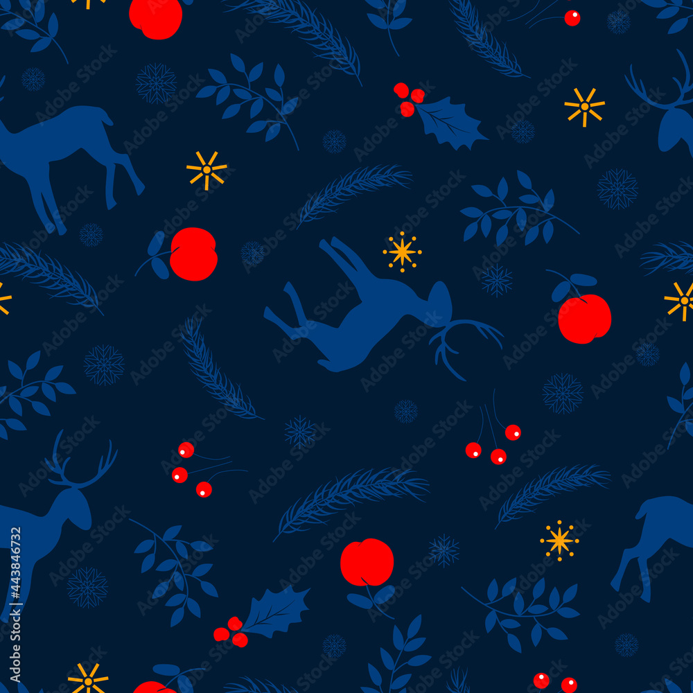 Merry Christmas and Happy New Year seamless pattern. Floral, botanical design with deer and winter plants. Endless print, background for wrapping paper, holiday decor, wallpaper, fabric, textile