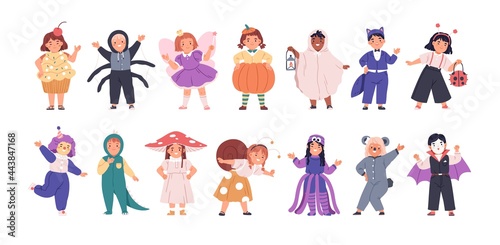 Set of kids disguised in funny and scary costumes for Halloween party. Happy children dressed in carnival clothes. Cute girls and boys in festival outfit. Flat vector illustration isolated on white