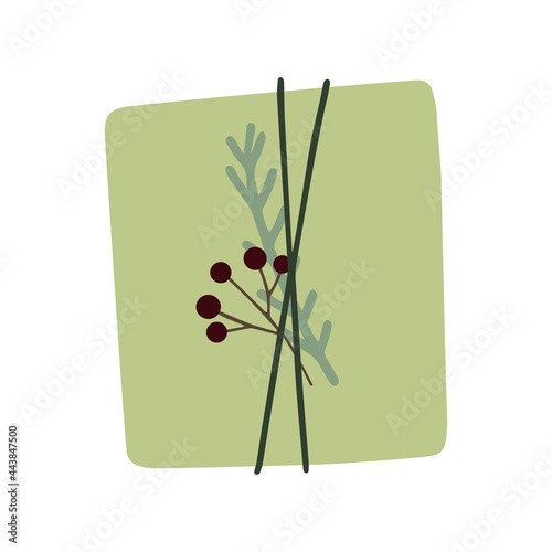 Single design element - christmas gift box with berries and leaves. Winter illustration for card, poster, pattern, sticker. Cute design element in simple flat style.