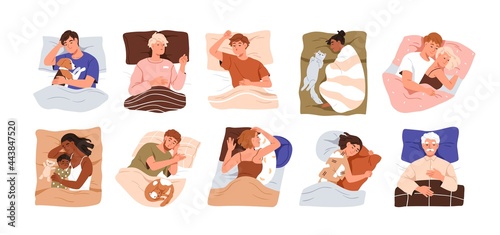 Set of happy people lying with pillows and blankets, sleeping alone and in couple in beds. Asleep men and women. Deep dream and bedtime concept. Flat vector illustration isolated on white background