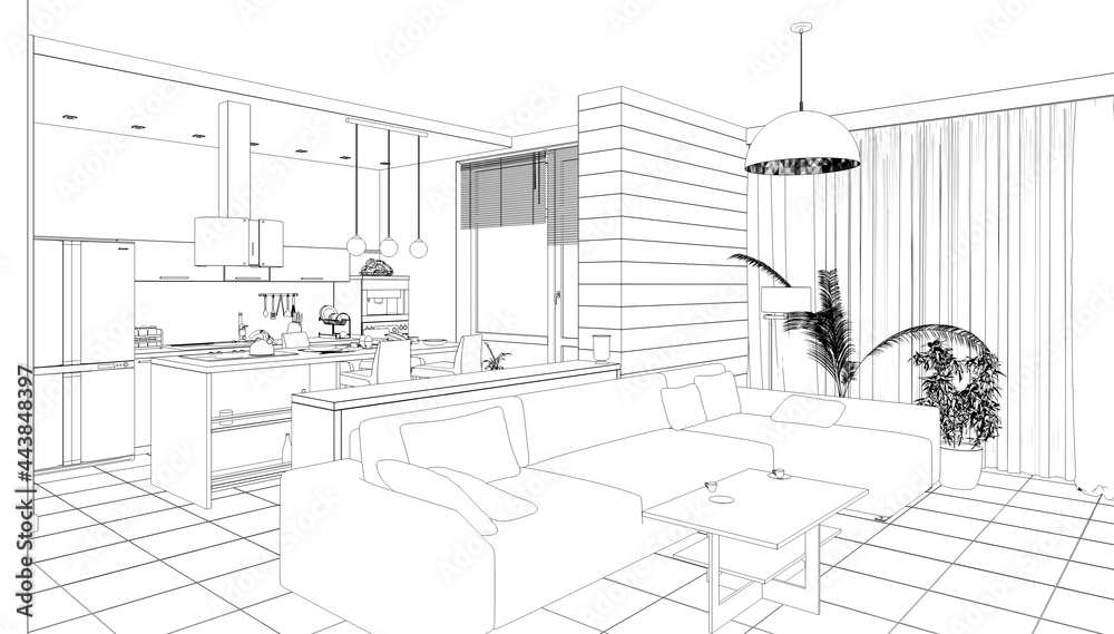 interior outline illustration, 3d sketch interior outline illustration, 3d sketch