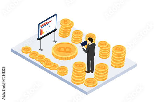 Isometric virtual office business man is working with bitcoin make money vector design.