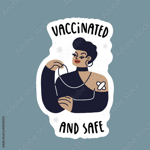 Young modern woman vaccinated from covid in a black evening dress. Kiss me - I'm vaccinated. Vector fully editable isolated illustration on white background.