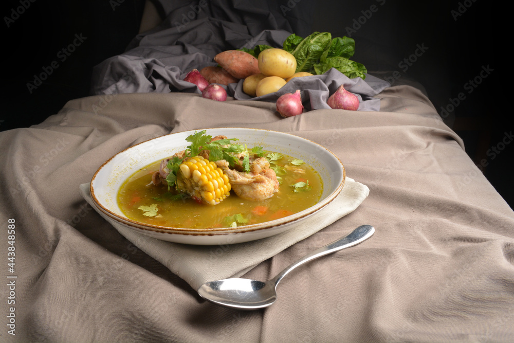 chicken with corn and potato hot soup Peruvian cuisine menu chicken with corn and potato hot soup Peruvian cuisine menu