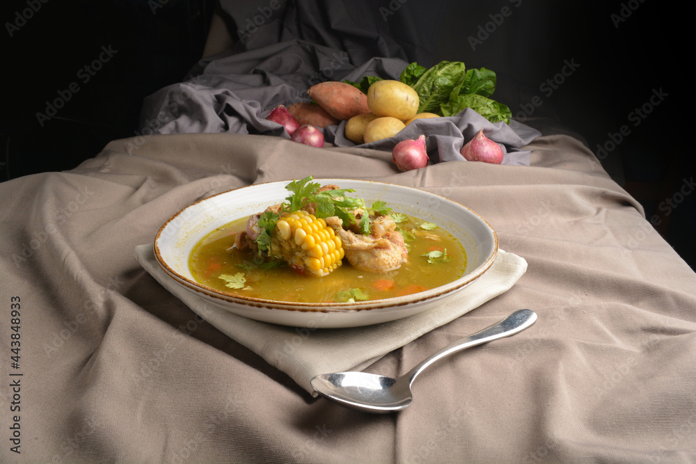 chicken with corn and potato hot soup Peruvian cuisine menu chicken with corn and potato hot soup Peruvian cuisine menu