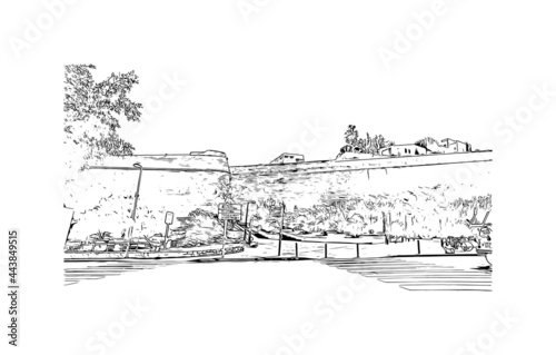 Building view with landmark of Ibiza town is the capital of Ibiza. Hand drawn sketch illustration in vector.