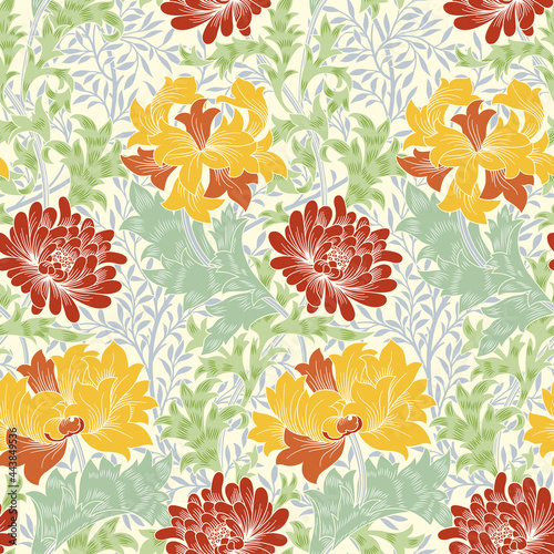 Floral seamless pattern with big red and yellow flowers on light green foliage background. Vector illustration.