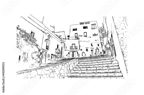 Building view with landmark of Ibiza town is the capital of Ibiza. Hand drawn sketch illustration in vector.