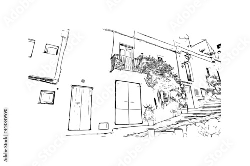 Building view with landmark of Ibiza town is the capital of Ibiza. Hand drawn sketch illustration in vector.
