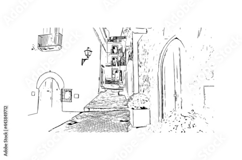 Building view with landmark of Ibiza town is the capital of Ibiza. Hand drawn sketch illustration in vector.