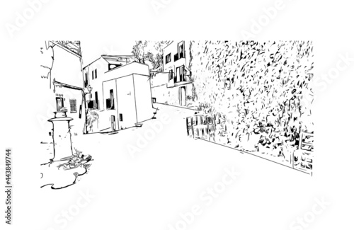 Building view with landmark of Ibiza town is the capital of Ibiza. Hand drawn sketch illustration in vector.