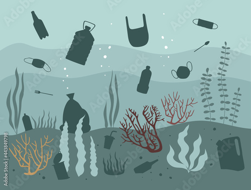 Hand drawn color vector illustration of the coral reef polluted with household trash and Coronavirus covid-19 waste. Environmental pollution. Stop plastic. Ecological problem