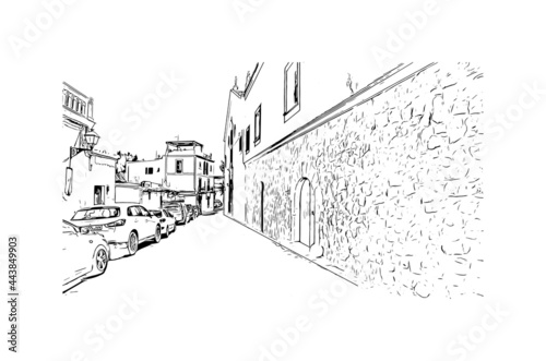 Building view with landmark of Ibiza town is the capital of Ibiza. Hand drawn sketch illustration in vector.