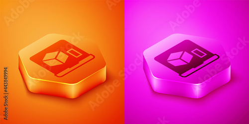 Isometric 3D printer icon isolated on orange and pink background. 3d printing. Hexagon button. Vector