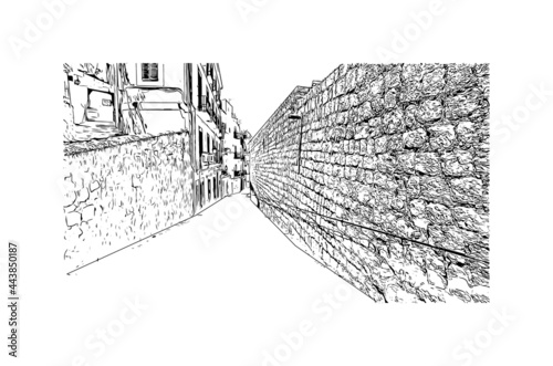 Building view with landmark of Ibiza town is the capital of Ibiza. Hand drawn sketch illustration in vector.
