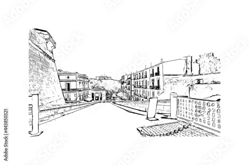 Building view with landmark of Ibiza town is the capital of Ibiza. Hand drawn sketch illustration in vector.