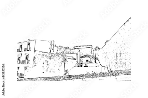 Building view with landmark of Ibiza town is the capital of Ibiza. Hand drawn sketch illustration in vector.