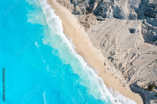 Aerial view of the beautiful, turquoise colored sea of Lefkada island, Egremni Beach, Greece photo