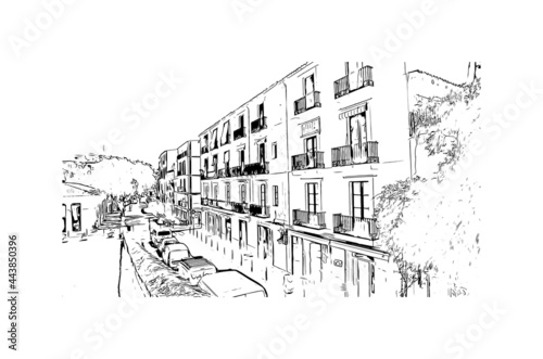 Building view with landmark of Ibiza town is the capital of Ibiza. Hand drawn sketch illustration in vector.