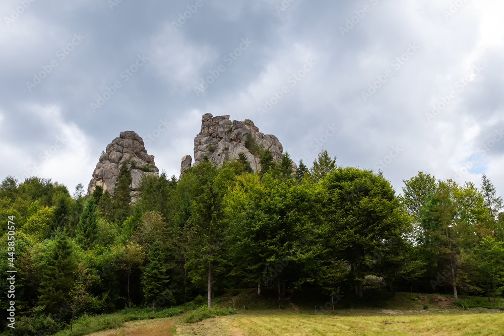 Beautiful rock in the forest. Cloudy sky. Tustan. Ukraine. The mountains. Nature