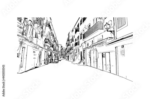 Building view with landmark of Ibiza town is the capital of Ibiza. Hand drawn sketch illustration in vector.