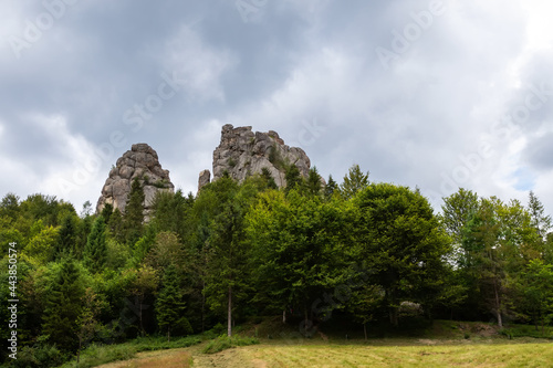 Beautiful rock in the forest. Cloudy sky. Tustan. Ukraine. The mountains. Nature