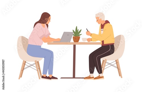 Couple of people working online with laptop and mobile phone. Man and woman sitting at table in cafe, using computer and smartphone. Colored flat vector illustration isolated on white background © Good Studio
