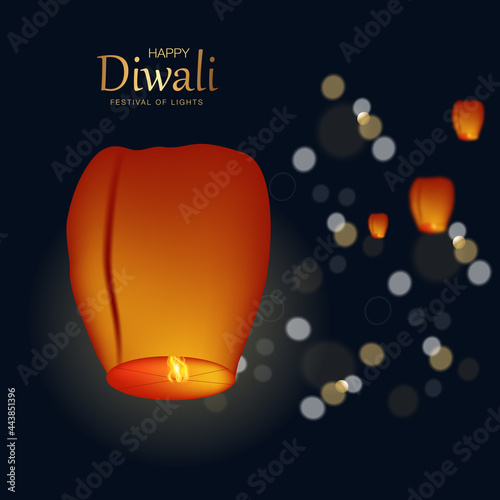 Realistic illuminated oil lamps on blurred bokeh background for Diwali festival. Festival of Lights 2021, Flying Lanterns and Fireworks. Realistic vector