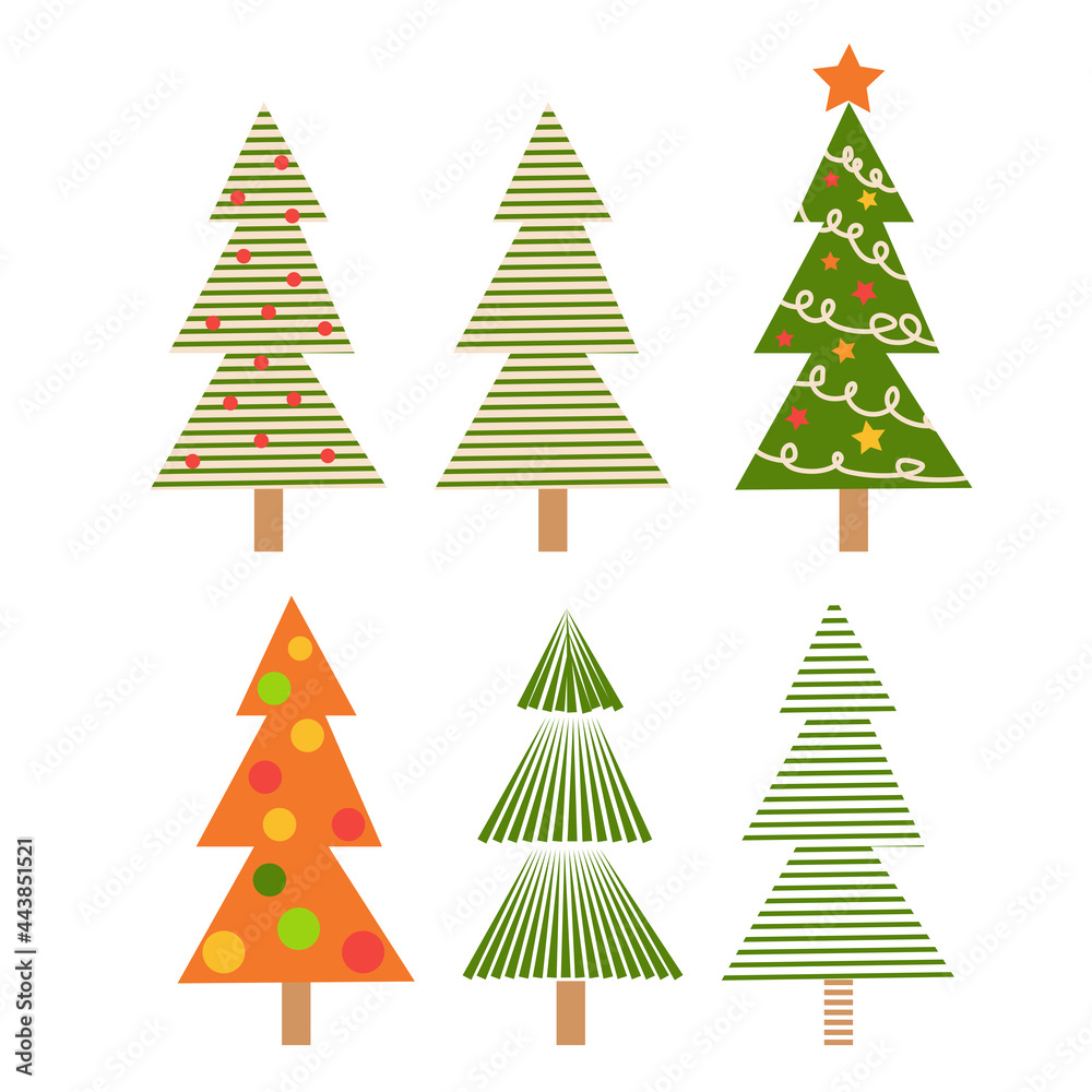 Obraz premium set of christmas trees. Hand drawing winter background with fir tree, Christmas ornaments, stars and snowflakes