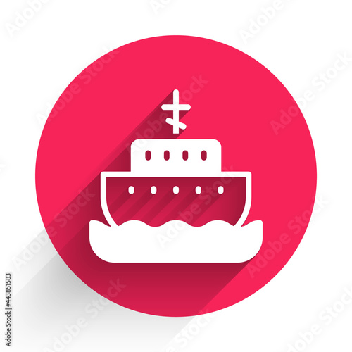 White Ark of noah icon isolated with long shadow. Wood big high cargo. Red circle button. Vector