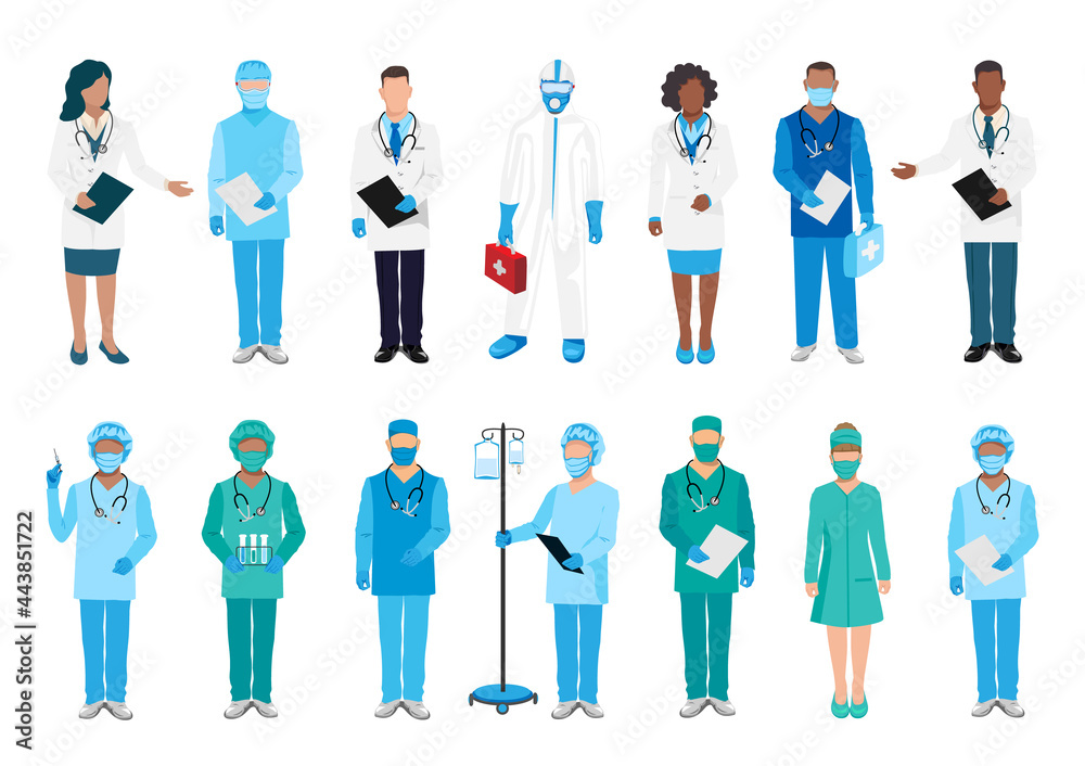 Doctors and nurses big vector set. Thanks to the doctors for saving lives. Doctors, nurses and paramedics in medical clothing and protective masks of different nationalities and genders.